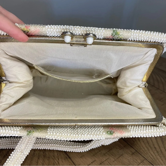 Vintage 1950’s Lumured Floral beaded handbag with Mirror Clutch shoulder purse - Picture 11 of 16